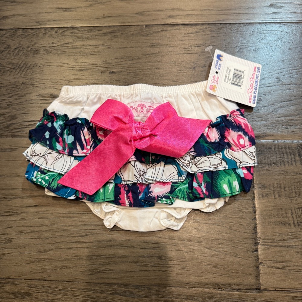 NWT RuffleButts Bloomer Diaper Cover 12-18 Mo‎ Pink Bow Tropical Floral Ruffles